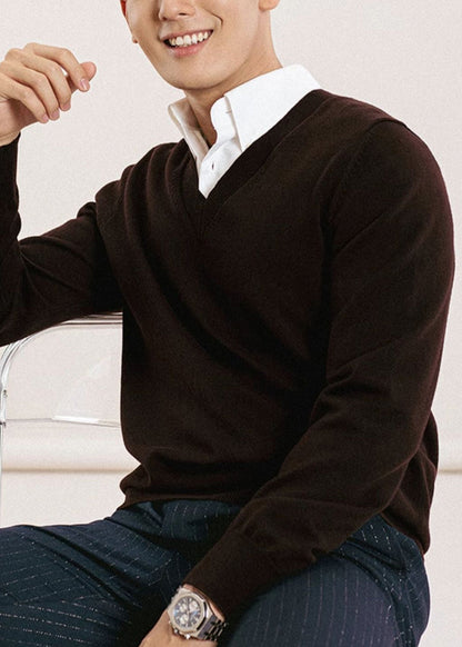 Brown Cozy Knit Men Sweater Tops V Neck