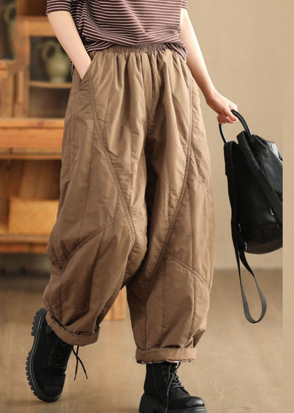 Brown Elastic Waist Patchwork Fleece Harem Pants
