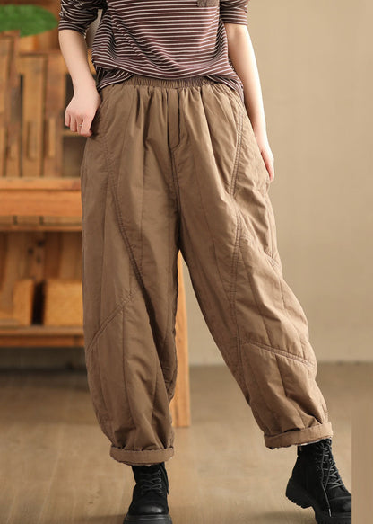 Brown Elastic Waist Patchwork Fleece Harem Pants