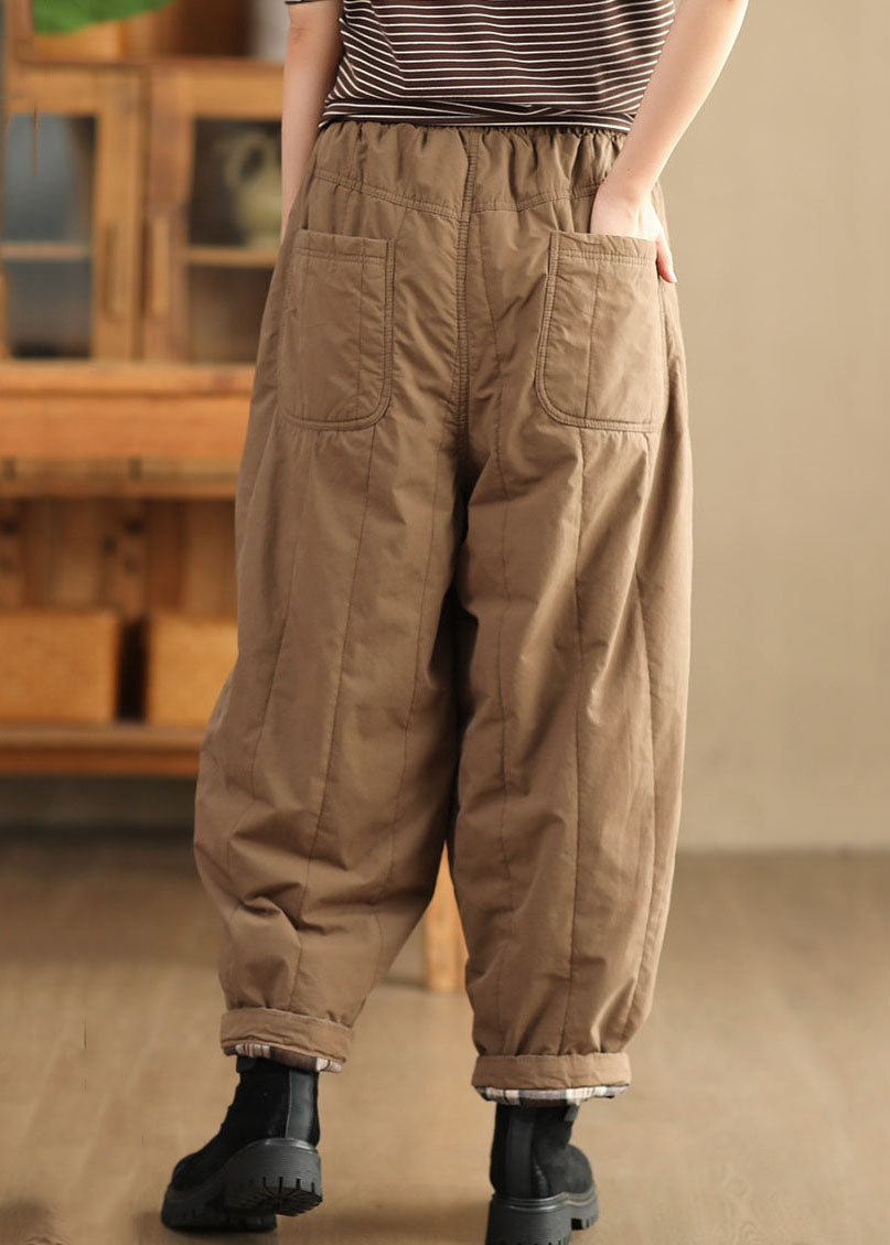 Brown Elastic Waist Patchwork Fleece Harem Pants