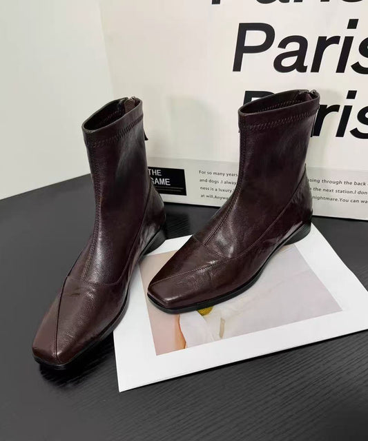 Brown Faux Leather Art Splicing Boots Square Toe