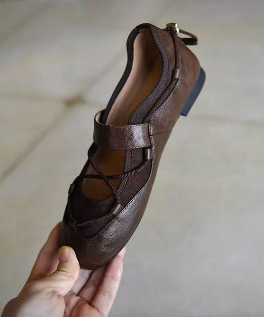 Brown Faux Leather Cross Strap Splicing Flat Shoes For Women