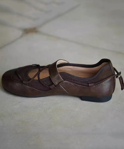 Brown Faux Leather Cross Strap Splicing Flat Shoes For Women