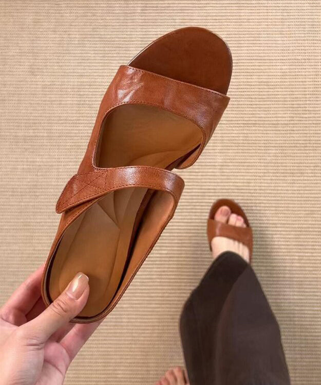 Brown Faux Leather Splicing Wedge Slide Sandals Peep Toe