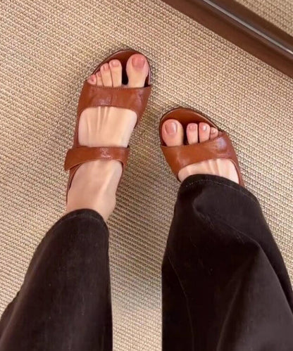 Brown Faux Leather Splicing Wedge Slide Sandals Peep Toe