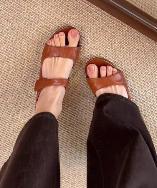 Brown Faux Leather Splicing Wedge Slide Sandals Peep Toe