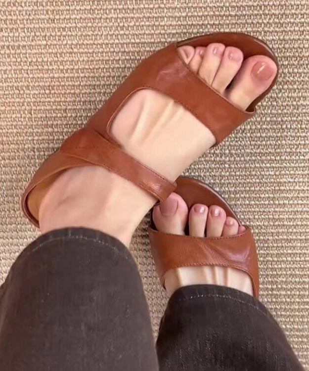 Brown Faux Leather Splicing Wedge Slide Sandals Peep Toe
