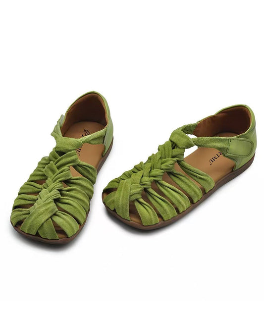 Brown Flat Sandals Comfy Splicing Hollow Out Cowhide Leather