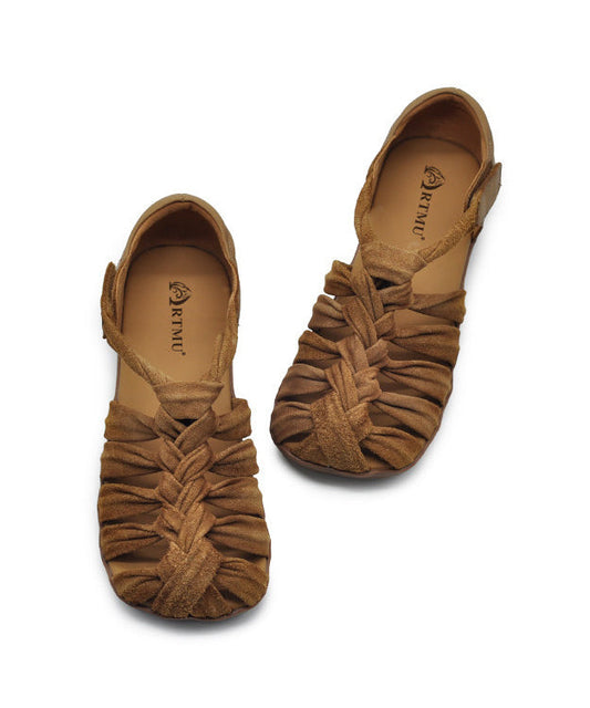 Brown Flat Sandals Comfy Splicing Hollow Out Cowhide Leather