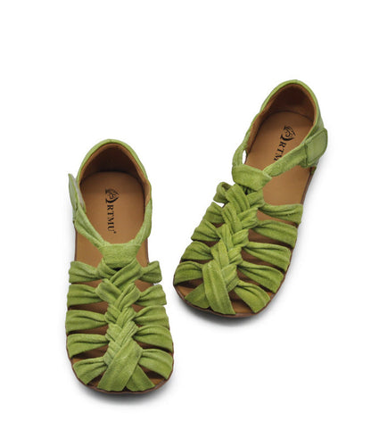 Brown Flat Sandals Comfy Splicing Hollow Out Cowhide Leather
