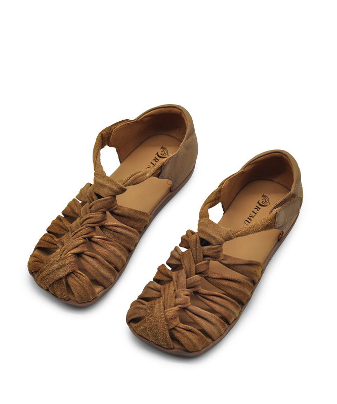 Brown Flat Sandals Comfy Splicing Hollow Out Cowhide Leather