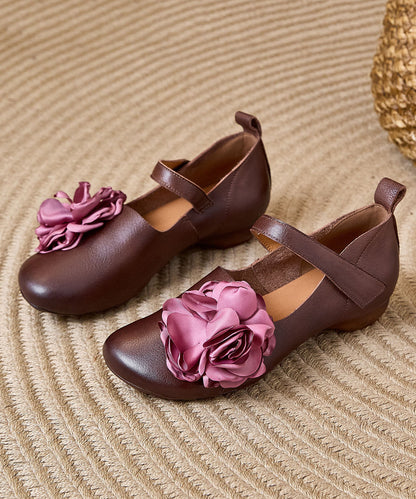 Brown Flat Shoes For Women Cowhide Leather Retro Buckle Strap Flat Shoes