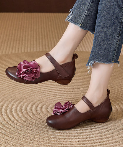 Brown Flat Shoes For Women Cowhide Leather Retro Buckle Strap Flat Shoes