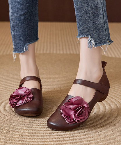 Brown Flat Shoes For Women Cowhide Leather Retro Buckle Strap Flat Shoes