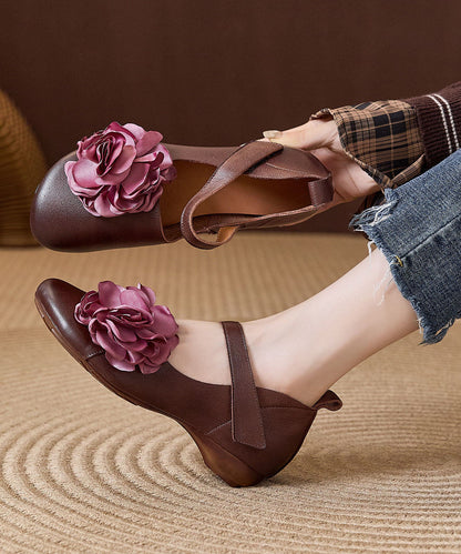 Brown Flat Shoes For Women Cowhide Leather Retro Buckle Strap Flat Shoes