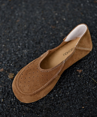 Brown Flat Shoes For Women Faux Leather Stylish Hollow Out Flat Shoes For Women