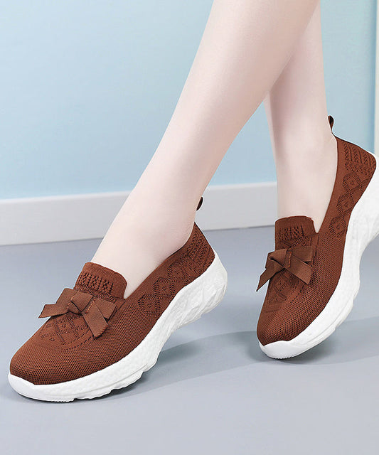 Brown Flat Shoes For Women Knit Fabric Comfy Flat Shoes