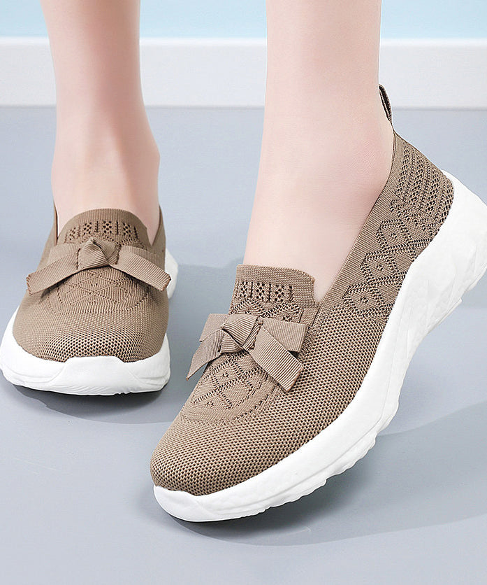 Brown Flat Shoes For Women Knit Fabric Comfy Flat Shoes