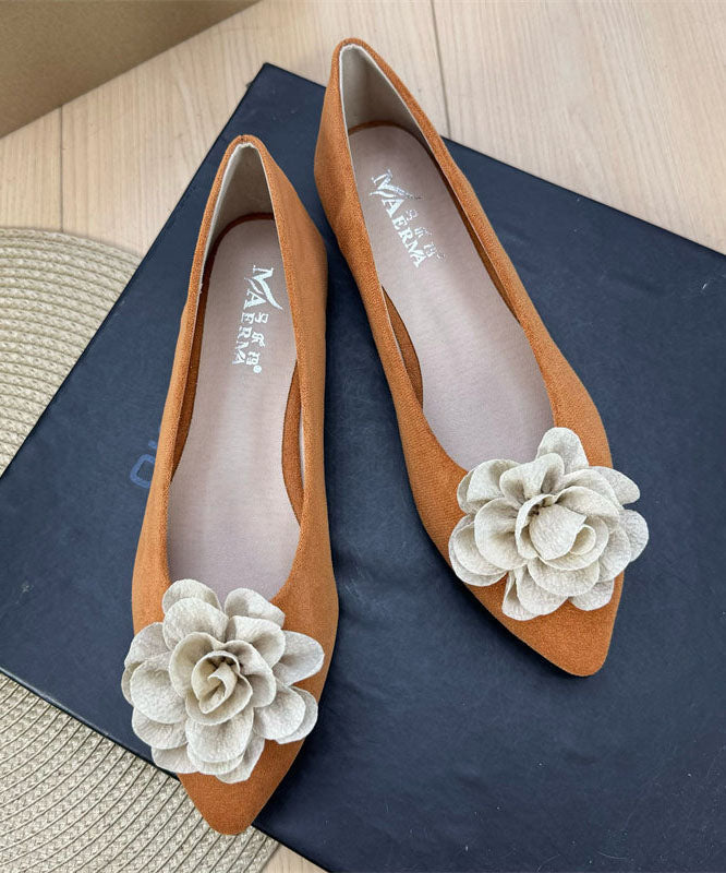Brown Flat Shoes Suede Chic Splicing Floral Pointed Toe