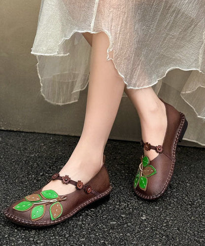 Brown Flats Cowhide Leather Fine Leaf Appliques Flats