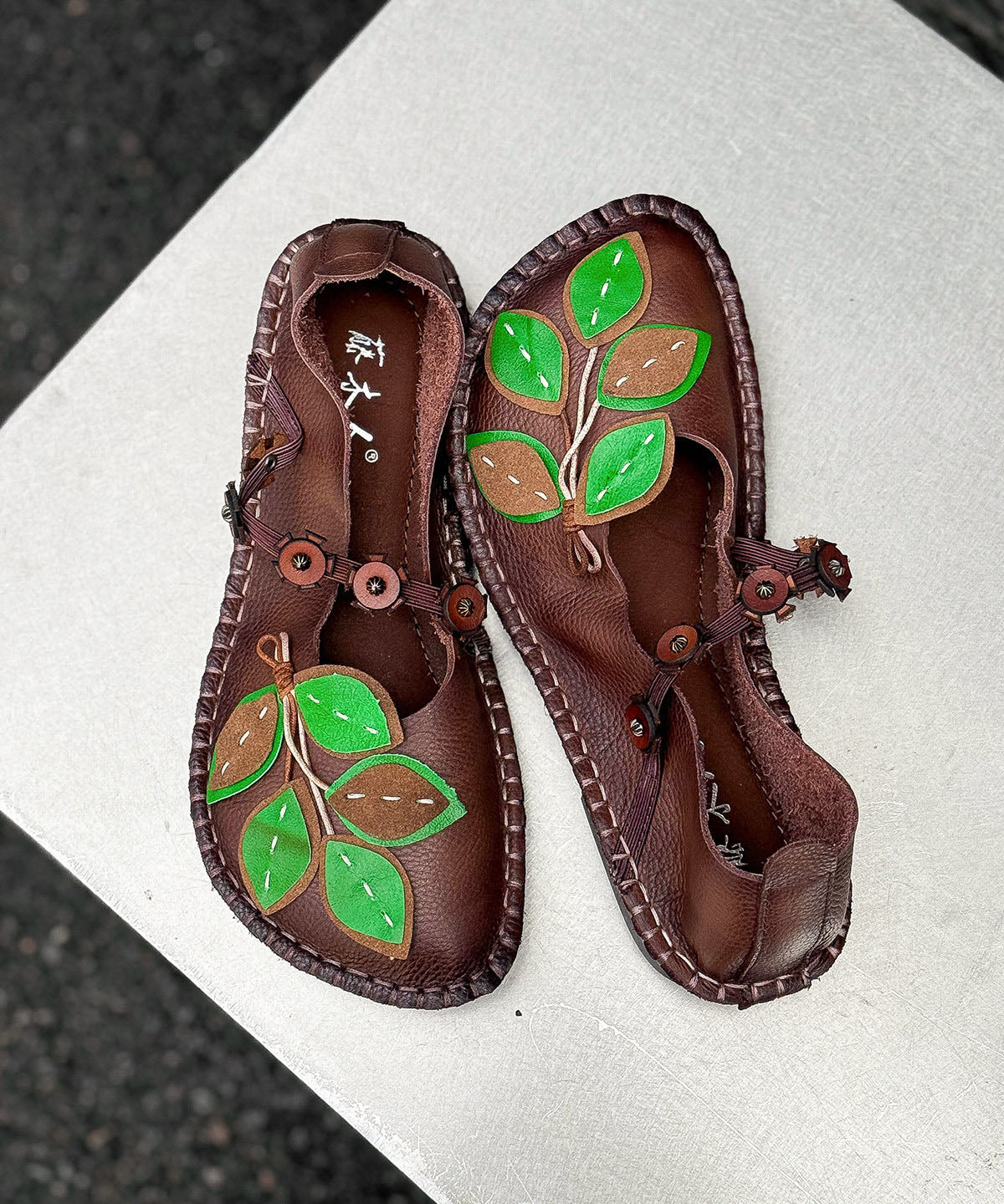 Brown Flats Cowhide Leather Fine Leaf Appliques Flats