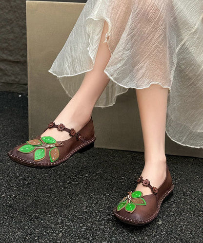 Brown Flats Cowhide Leather Fine Leaf Appliques Flats