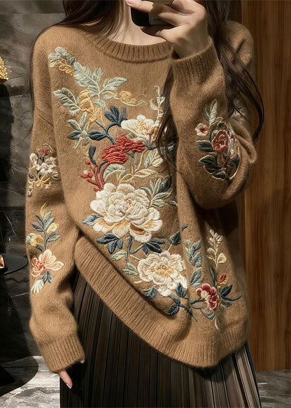 Brown Floral Cozy Knit Knit Sweaters O Neck Spring