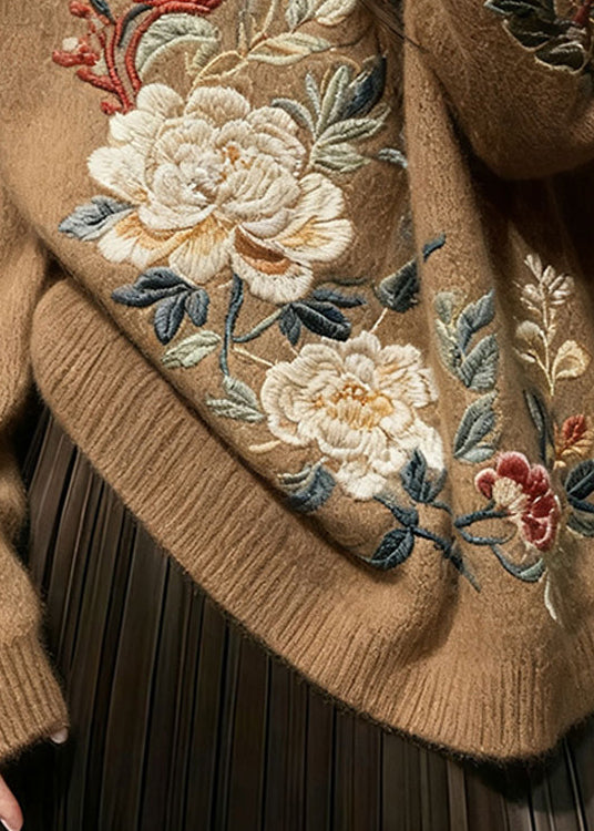 Brown Floral Cozy Knit Knit Sweaters O Neck Spring