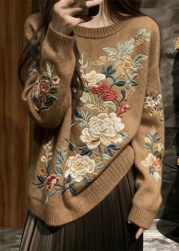 Brown Floral Cozy Knit Knit Sweaters O Neck Spring