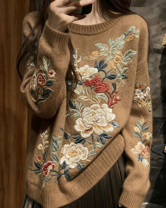 Brown Floral Cozy Knit Knit Sweaters O Neck Spring