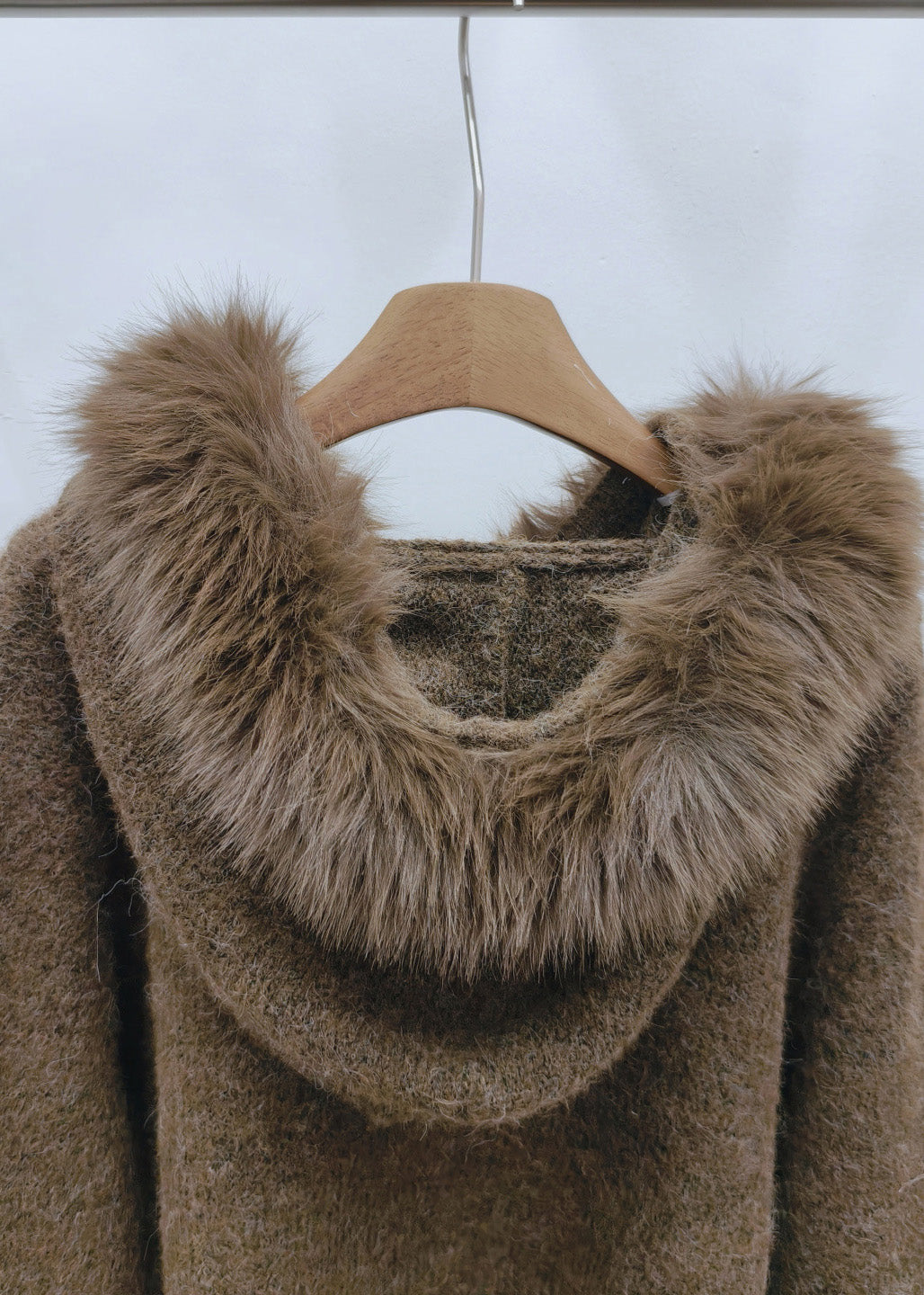 Brown Fur Collar Cozy Hooded Cotton Knit Pullover Winter