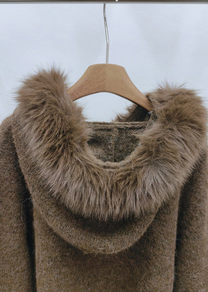 Brown Fur Collar Cozy Hooded Cotton Knit Pullover Winter