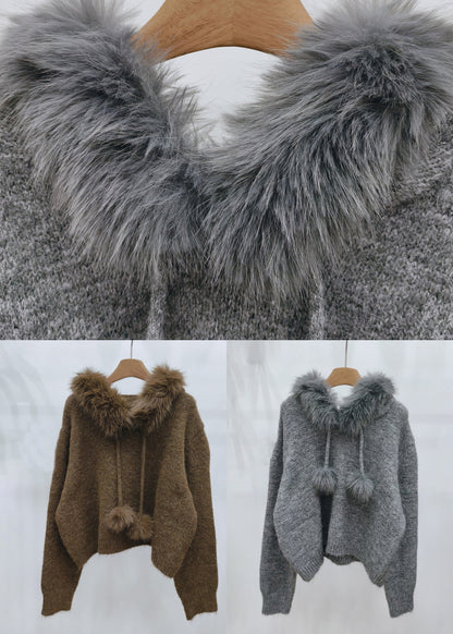 Brown Fur Collar Cozy Hooded Cotton Knit Pullover Winter