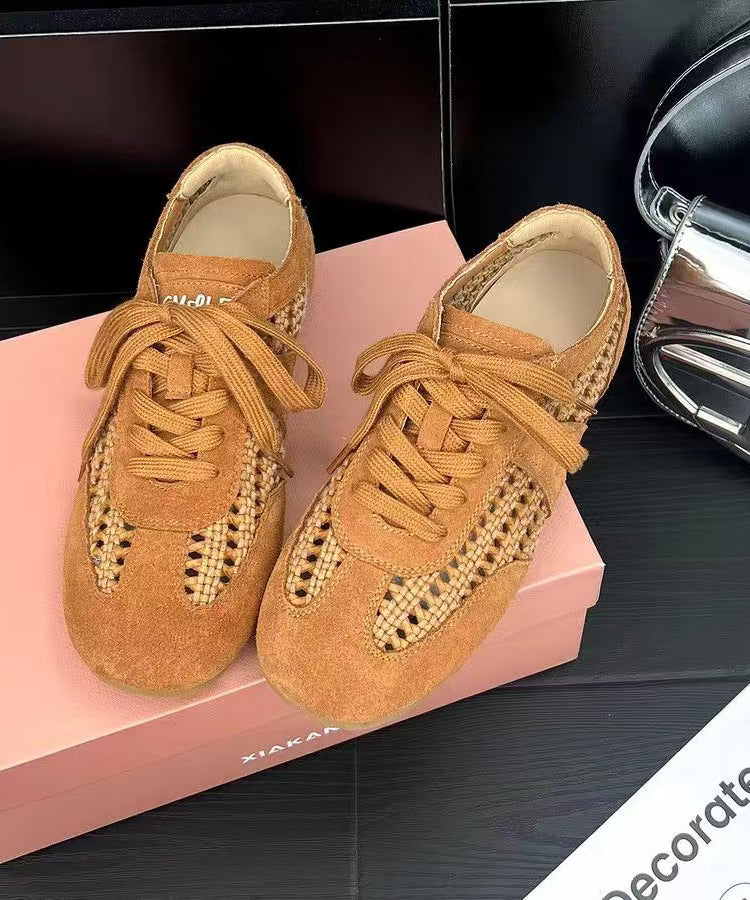 Brown Hollow Out Lace Up Splicing Flat Shoes For Women