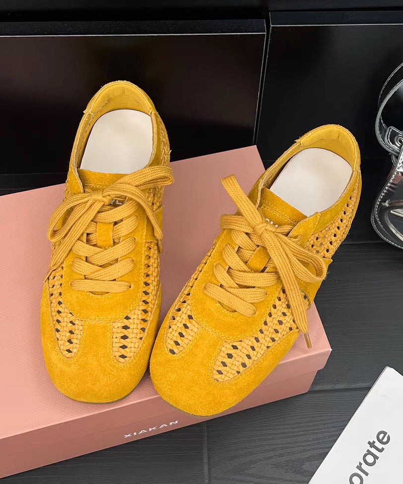 Brown Hollow Out Lace Up Splicing Flat Shoes For Women