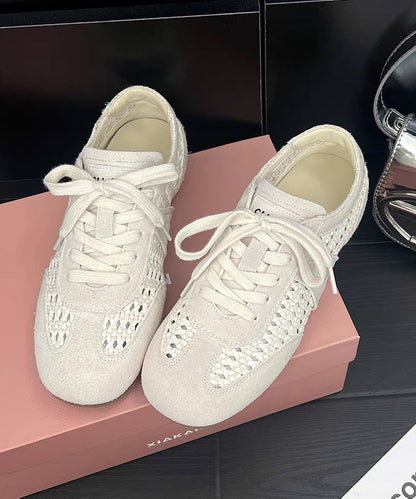 Brown Hollow Out Lace Up Splicing Flat Shoes For Women