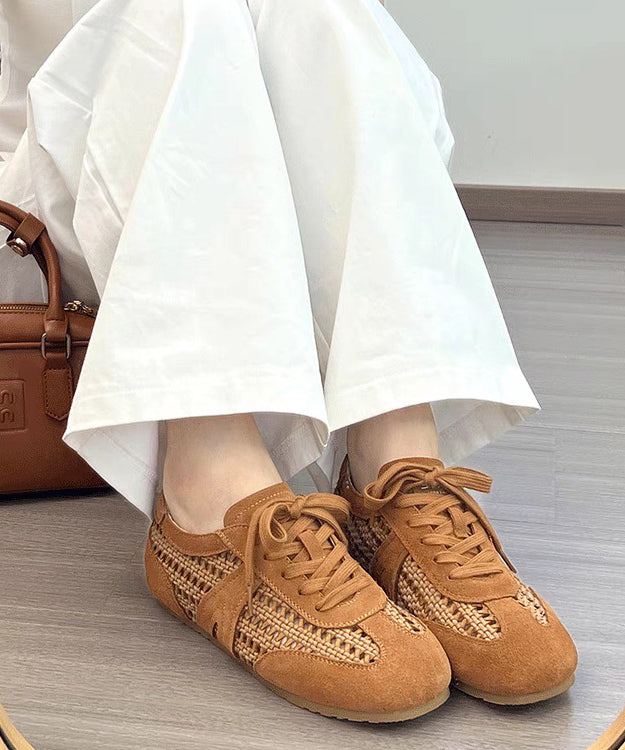 Brown Hollow Out Lace Up Splicing Flat Shoes For Women