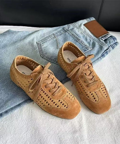 Brown Hollow Out Women Suede Fitted Splicing Flat Shoes Lace Up