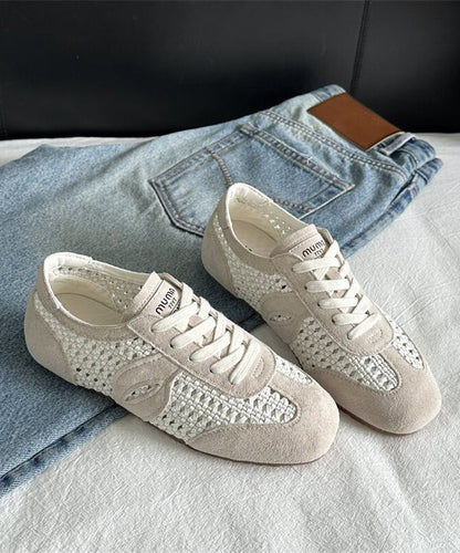 Brown Hollow Out Women Suede Fitted Splicing Flat Shoes Lace Up