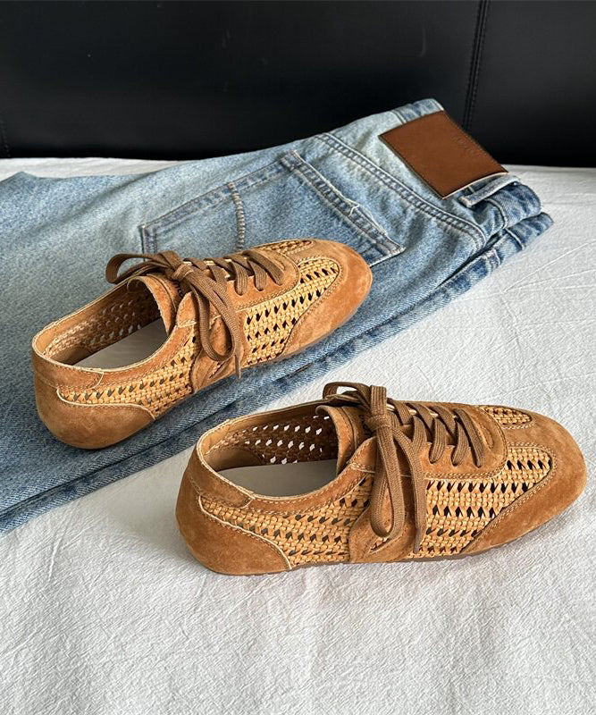 Brown Hollow Out Women Suede Fitted Splicing Flat Shoes Lace Up