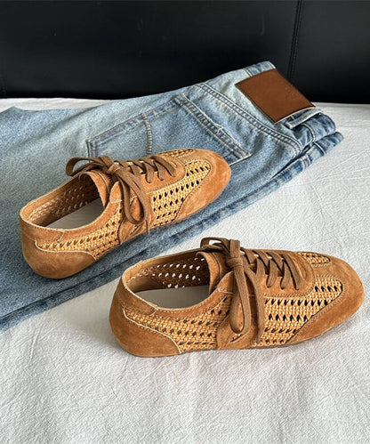 Brown Hollow Out Women Suede Fitted Splicing Flat Shoes Lace Up