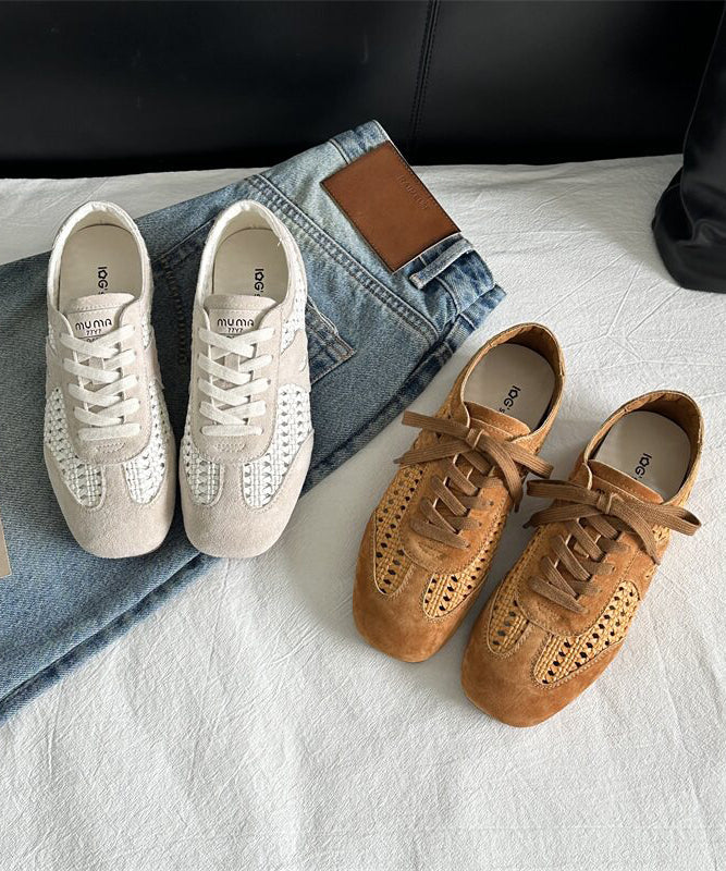 Brown Hollow Out Women Suede Fitted Splicing Flat Shoes Lace Up
