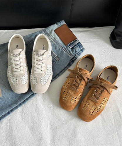 Brown Hollow Out Women Suede Fitted Splicing Flat Shoes Lace Up