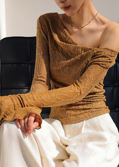 Brown Jacquard Cotton Shirts Asymmetrical Flare Sleeve