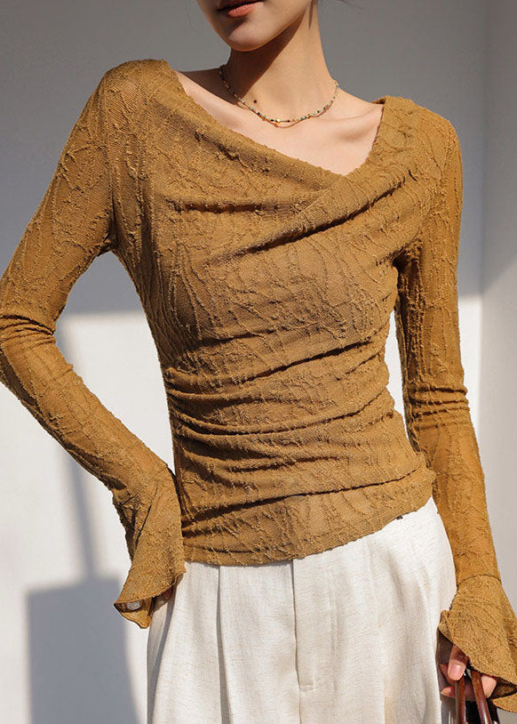Brown Jacquard Cotton Shirts Asymmetrical Flare Sleeve