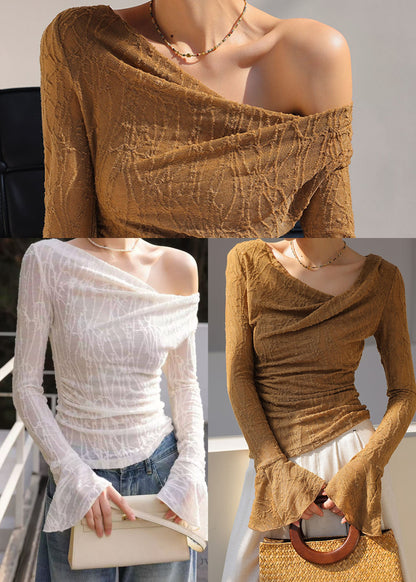 Brown Jacquard Cotton Shirts Asymmetrical Flare Sleeve
