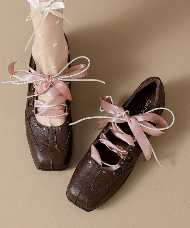 Brown Lace Up Faux Leather Women Splicing Flat Feet Shoes