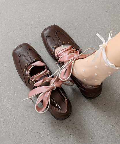 Brown Lace Up Faux Leather Women Splicing Flat Feet Shoes