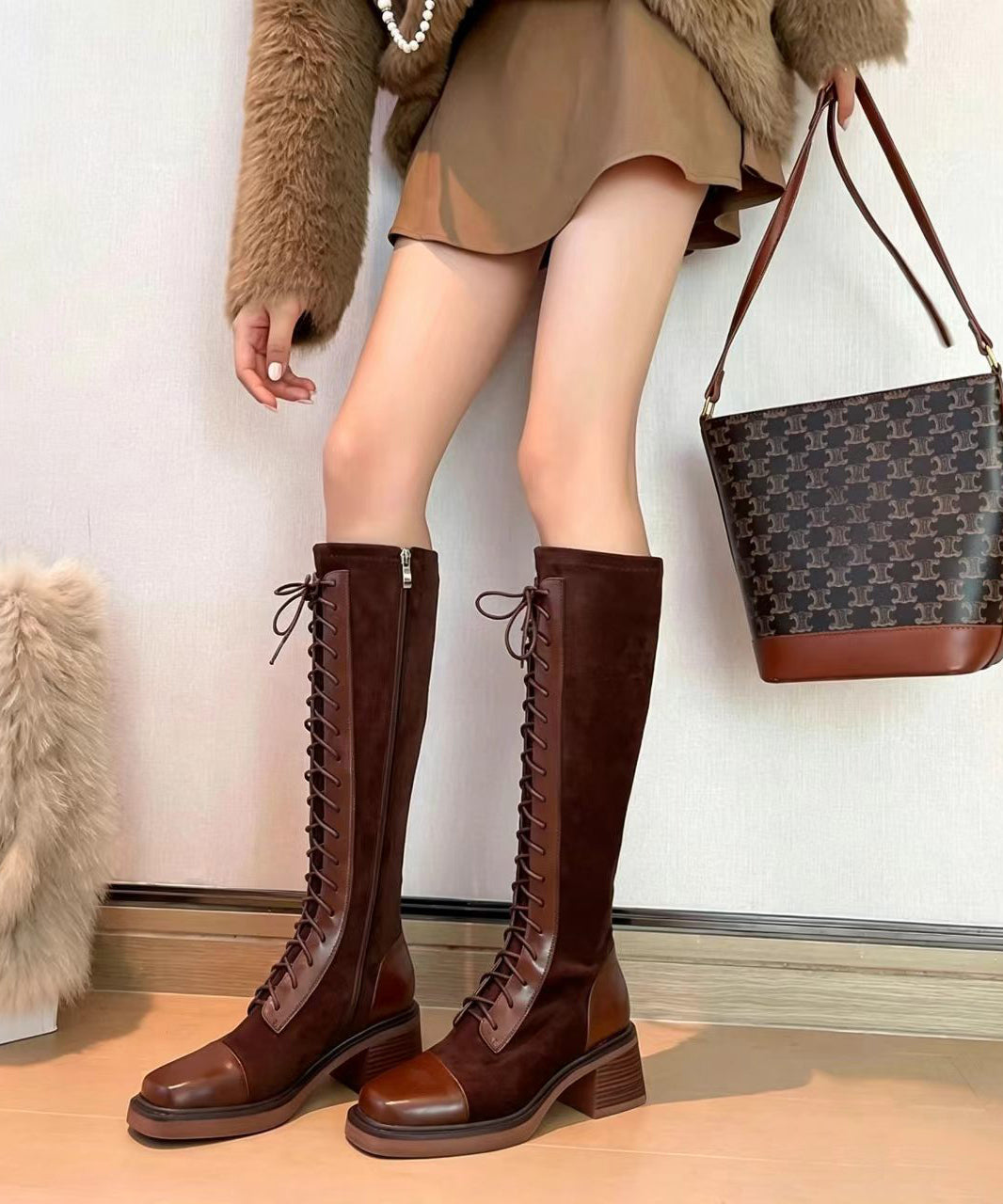 Brown Lace Up Splicing Chunky Cowhide Leather Knee Boots