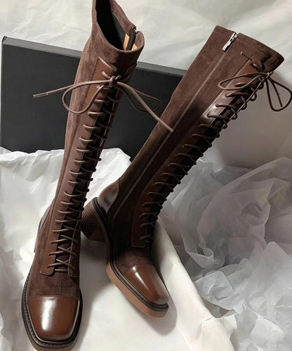 Brown Lace Up Splicing Chunky Cowhide Leather Knee Boots